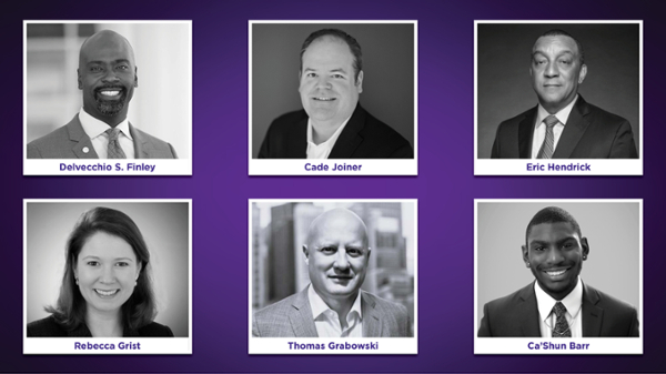 Photo collage of MGA's fall 2025 commencement speakers: Delvecchio S. Finley, Cade Joiner, Eric Hendrick, Rebecca Liles Grist, Retired Maj. Gen. Thomas Grabowski, Ca'Shun Barr.